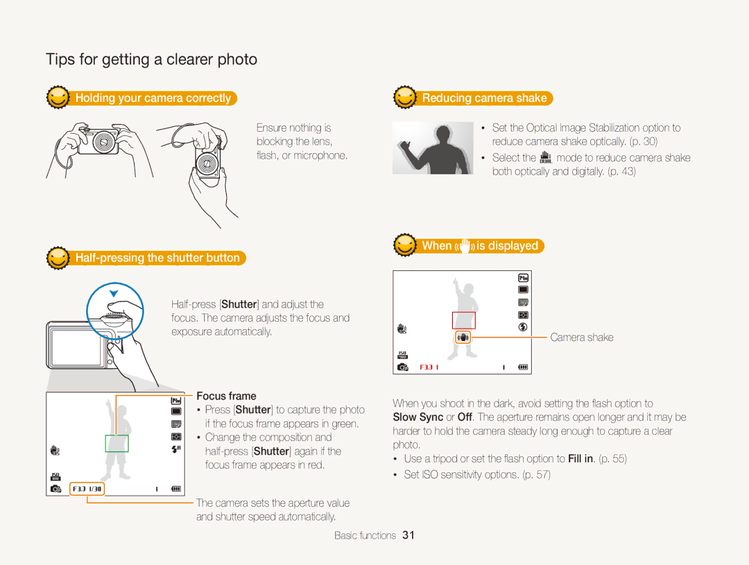 Samsung EC-ST96ZZBPBE1 manual Holding your camera correctly , Reducing camera shake , Half-pressing the shutter button  